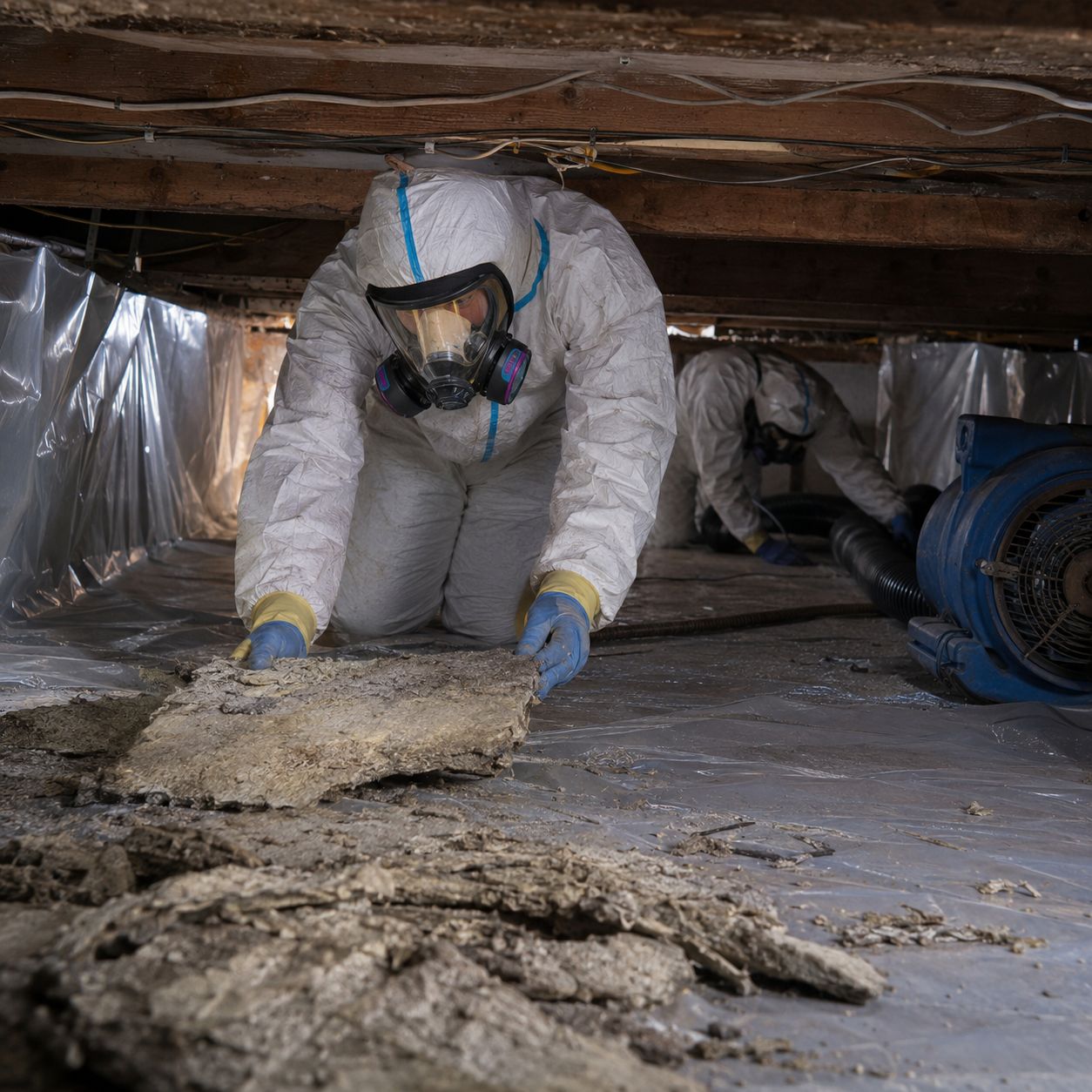 Certified asbestos abatement specialists removing asbestos insulation from attic